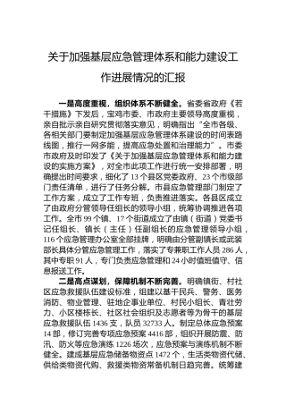 关于加强基层应急管理体系和能力建设工作进展情况的汇报