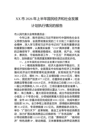 XX市2026年上半年国民经济和社会发展计划执行情况的报告