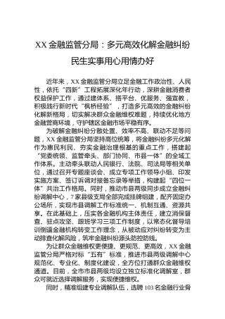 XX金融监管分局：多元高效化解金融纠纷民生实事用心用情办好