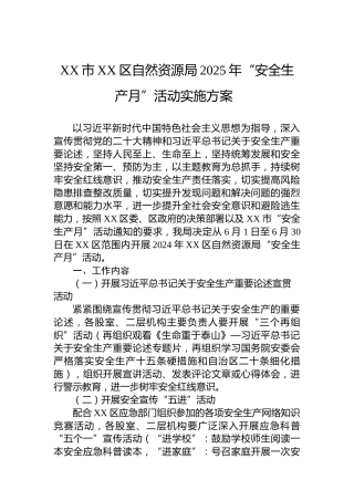 XX市XX区自然资源局2025年“安全生产月”活动实施方案 