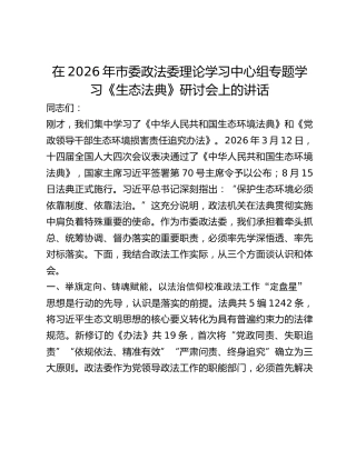 市委政法委理论学习中心组专题学习《生态法典》研讨会上的讲话