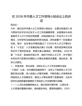 市委人才工作领导小组会议上的讲话