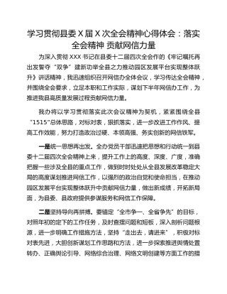 学习贯彻县委X届X次全会精神心得体会：落实全会精神 贡献网信力量