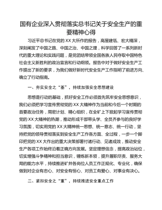 国有企业深入贯彻落实总书记关于安全生产的重要精神心得