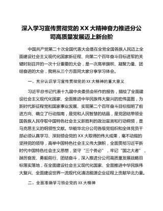 学习二十大心得：深入学习宣传贯彻党的二十大精神奋力推进分公司高质量发展迈上新台阶