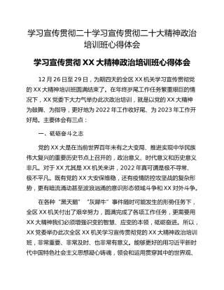 学习宣传贯彻二十学习宣传贯彻二十大精神政治培训班心得体会