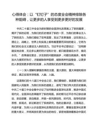 心得体会：以“钉钉子”的态度全会精神排除各种阻碍，让更多的人享受到更多更好的发展