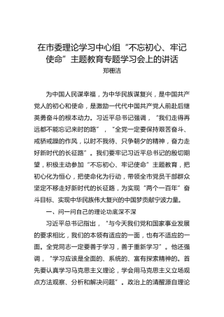 郑栅洁：在市委理论学习中心组“不忘初心、牢记使命”主题教育专题学习会上的讲话