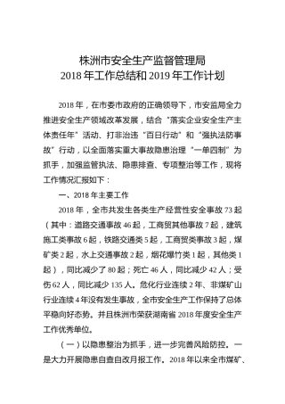 株洲市安全生产监督管理局2018年工作总结和2019年工作计划