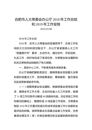 合肥市人大常委会办公厅2018年工作总结和2019年工作安排