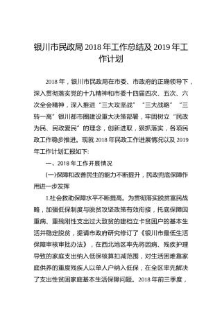 银川市民政局2018年工作总结及2019年工作计划