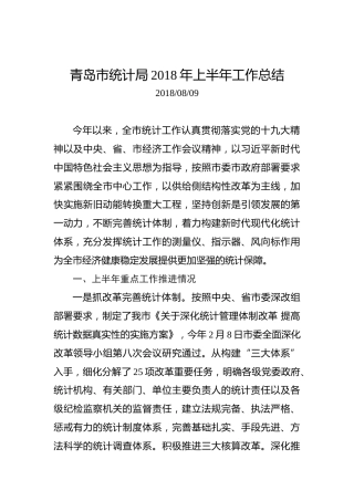 青岛市统计局2018年上半年工作总结