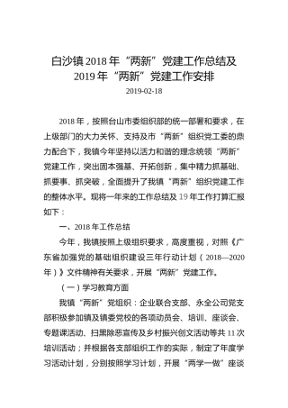 白沙镇2018年“两新”党建工作总结及2019年“两新”党建工作安排