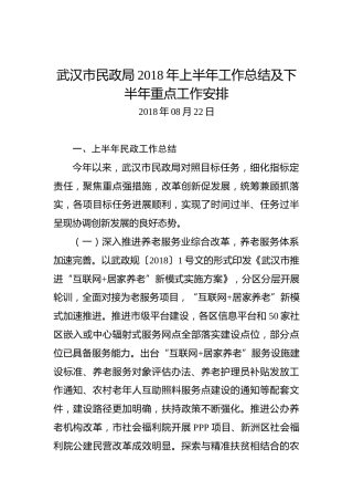 武汉市民政局2018年上半年工作总结及下半年重点工作安排