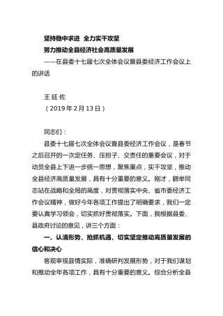 2019县长王廷佐在县委十七届七次全体会议暨县委经济工作会议上的讲话