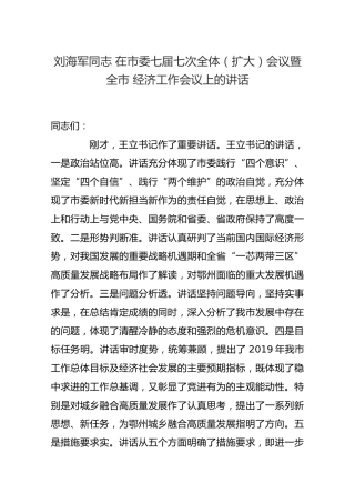 2019刘海军同志在市委七届七次全体（扩大）会议暨全市经济工作会议上的讲话