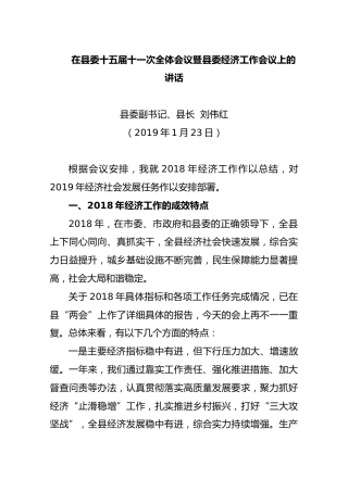 2019县委副书记、县长刘伟红在县委十五届十一次全体会议暨县委经济工作会议上的讲话