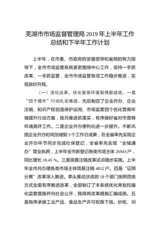 芜湖市市场监督管理局2019年上半年工作总结和下半年工作计划