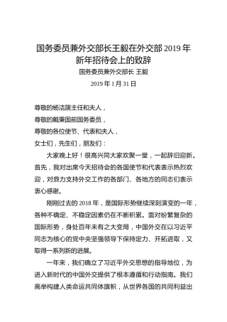 国务委员兼外交部长王毅在外交部2019年新年招待会上的致辞