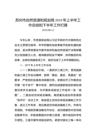 苏州市自然资源和规划局2019年上半年工作总结和下半年工作打算