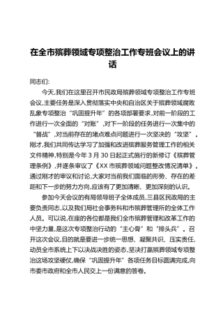 在全市殡葬领域专项整治工作专班会议上的讲话