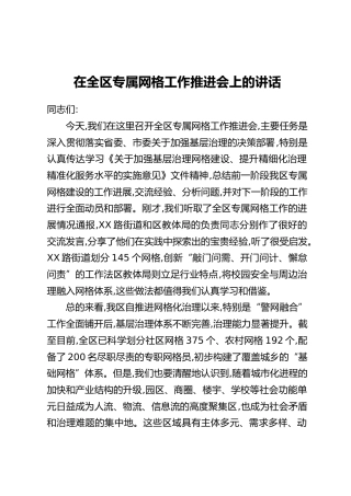 在全区专属网格工作推进会上的讲话