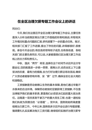 在全区治理欠薪专题工作会议上的讲话