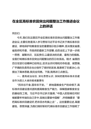 在全区高标准农田突出问题整治工作推进会议上的讲话