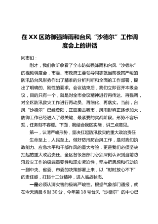 在XX区防御强降雨和台风“沙德尔”工作调度会上的讲话