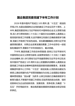 国企集团党委党建下半年工作计划