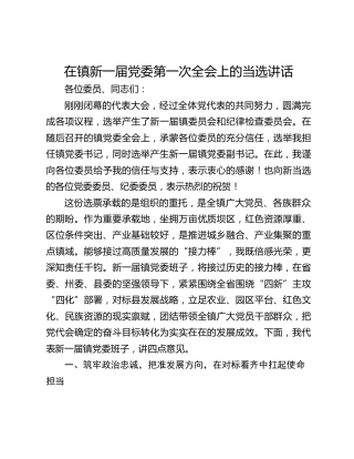 在镇新一届党委第一次全会上的当选讲话