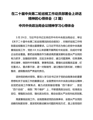 在二十届中央第二轮巡视工作动员部署会上讲话精神的心得体会（2篇）