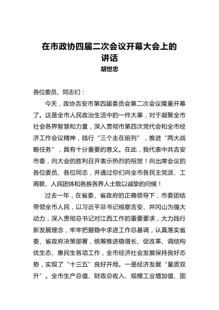 胡世忠：在市政协四届二次会议开幕大会上的讲话