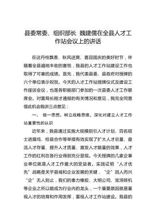 魏建儒：在全县人才工作站会议上的讲话