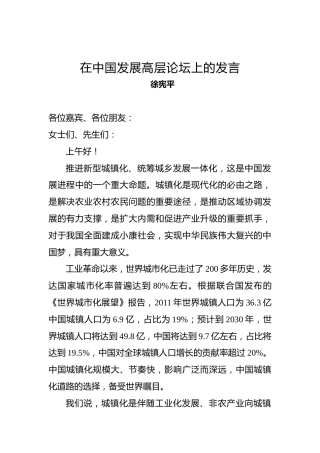 徐宪平：在中国发展高层论坛上的发言