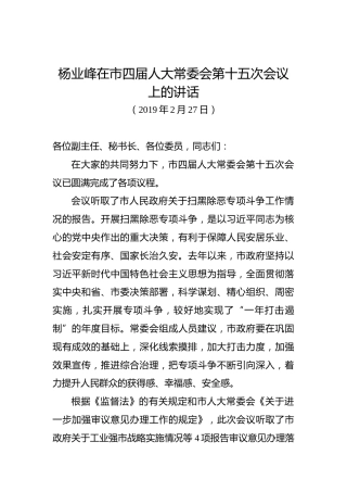 杨业峰：在市四届人大常委会第十五次会议上的讲话