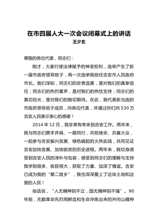 王少玄：在市四届人大一次会议闭幕式上的讲话