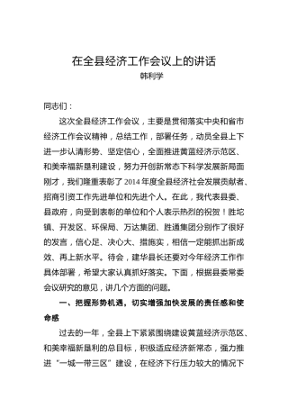 韩利学：在全县经济工作会议上的讲话