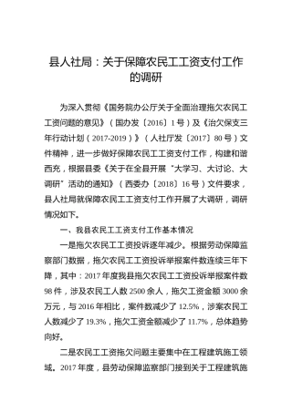 县人社局：关于保障农民工工资支付工作的调研