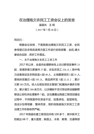 王明：在治理拖欠农民工工资会议上的发言