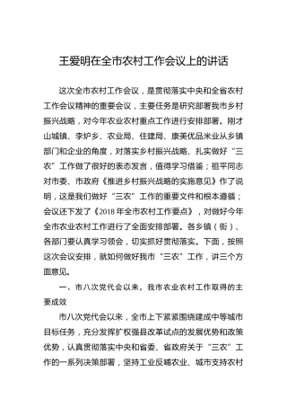 王爱明：在全市农村工作会议上的讲话