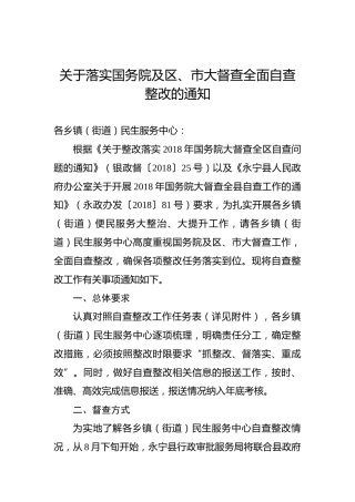 永宁县行政审批服务局关于落实国务院及区、市大督查全面自查整改的通知