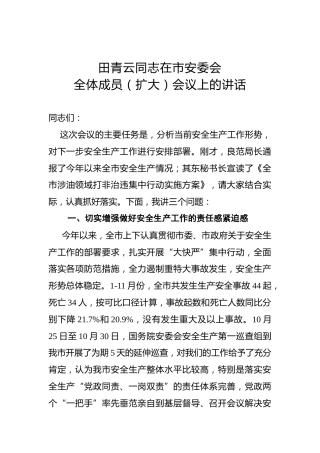 田青云：在市安委会全体成员（扩大）会议上的讲话