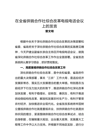曾文明：在全省供销合作社综合改革电视电话会议上的发言