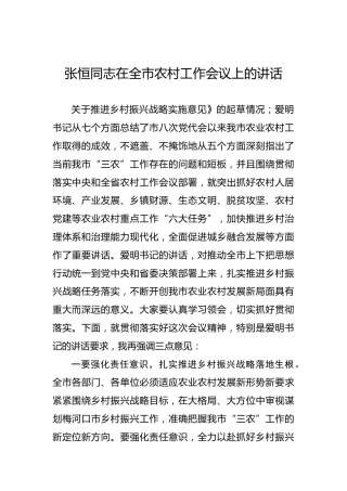 张恒：在全市农村工作会议上的讲话