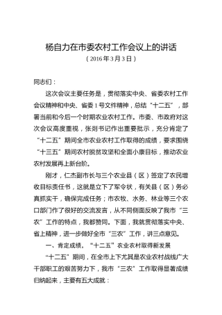 杨自力：在市委农村工作会议上的讲话