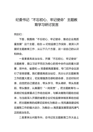 第二批“不忘初心、牢记使命”主题教育：纪委书记学习研讨发言