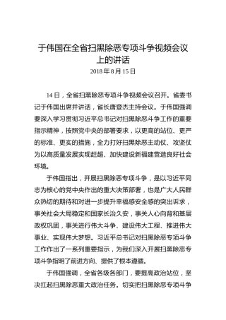 于伟国：在全省扫黑除恶专项斗争视频会议上的讲话