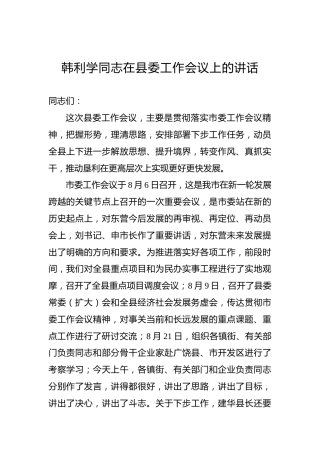 韩利学：在县委工作会议上的讲话