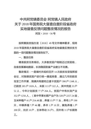 阿党镇人民政府关于2018年国务院大督查自查阶段省政府实地督查反馈问题整改情况的报告